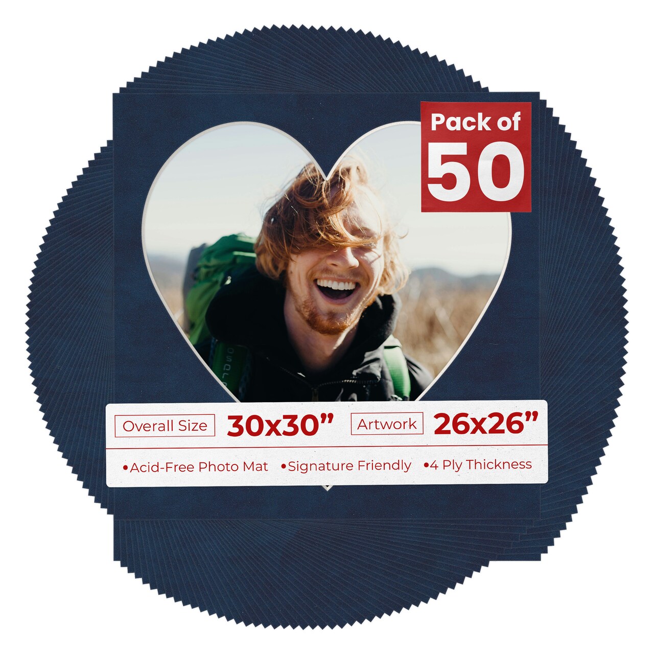 Navy Suede Mat Board for 30x30 Frames - Heart Opening for 26x26 Photos